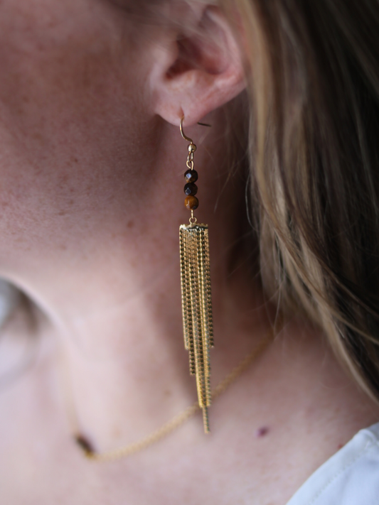 3 Stone Waterfall Earrings - Tigers Eye / Power